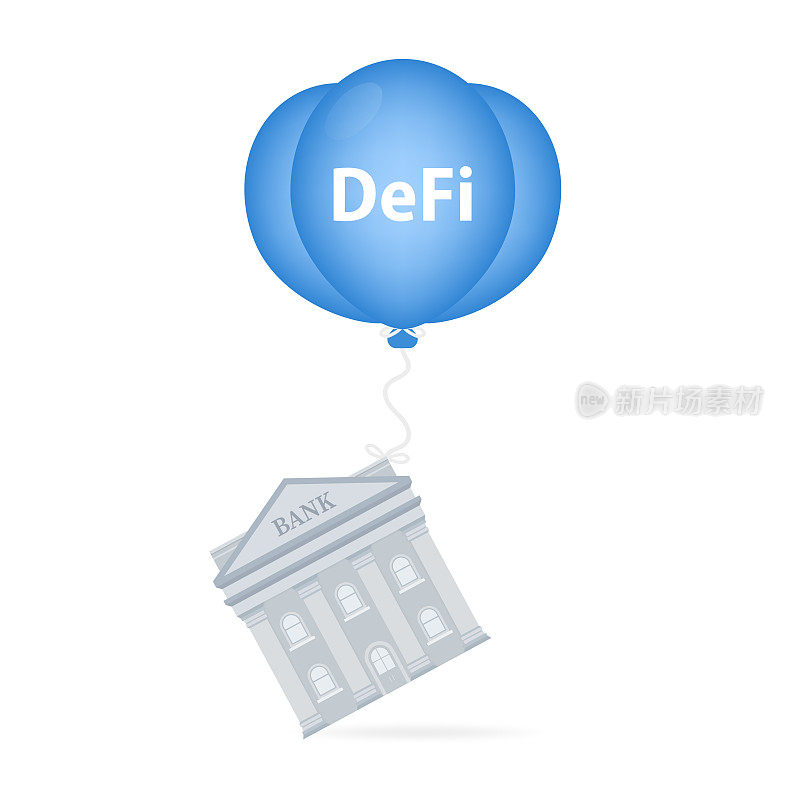 去中心化加密货币(DeFi)摧毁了传统的银行体系。DeFi气球带着银行大楼的标志。银行金融大楼提供货币兑换、金融服务、自动取款机。矢量图