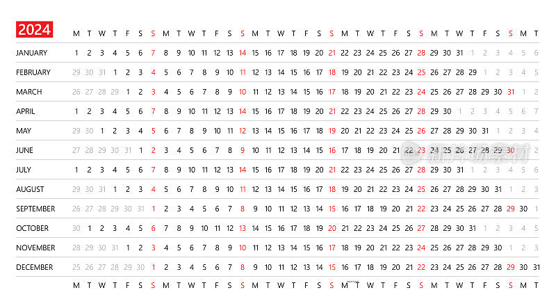 2024年日历。水平线性模板日历。简单的布局插图。日历设定为2024年