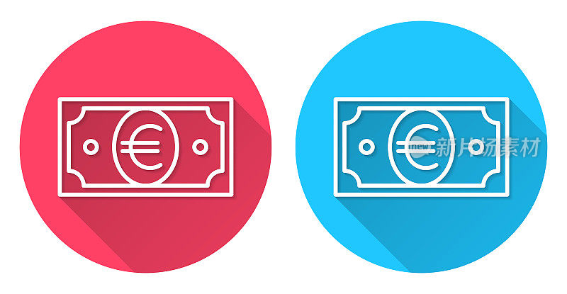 欧元钞票。圆形图标与长阴影在红色或蓝色的背景