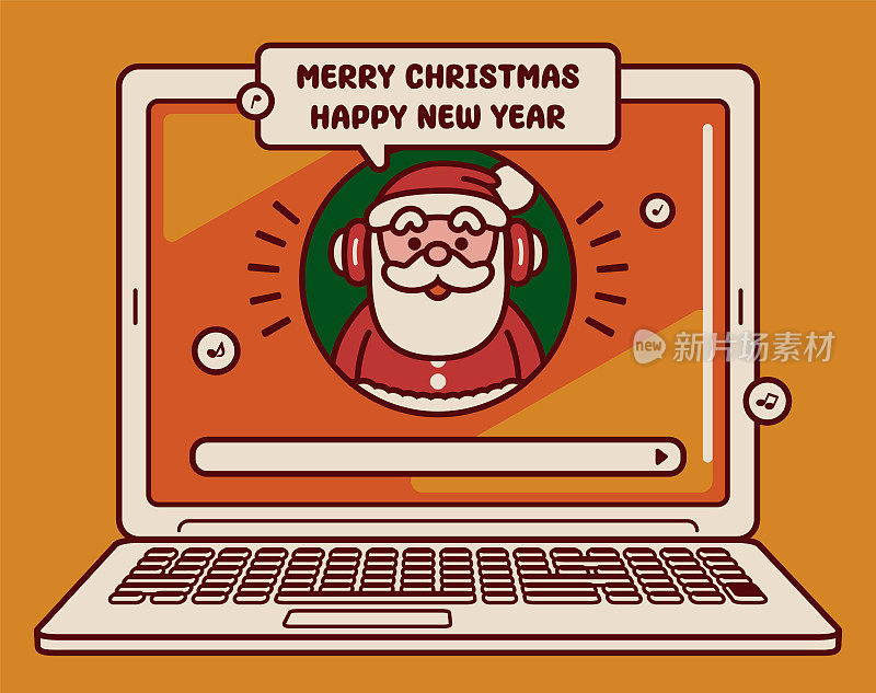 可爱的人工智能圣诞老人戴着耳机，在笔记本电脑屏幕上问候