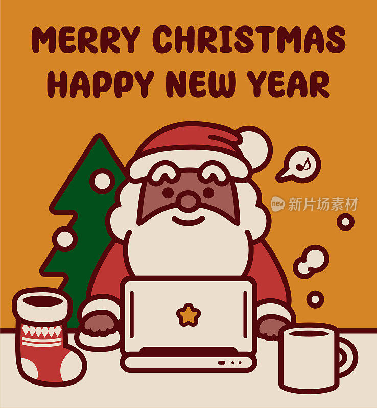 可爱的黑色圣诞老人用笔记本电脑送圣诞卡，祝你圣诞快乐，新年快乐
