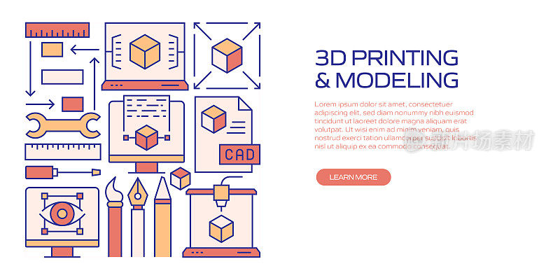 3D打印和建模相关的横幅设计网页，标题，小册子，年度报告和书籍封面