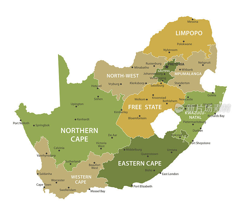 南非地图。矢量彩色地图的南非