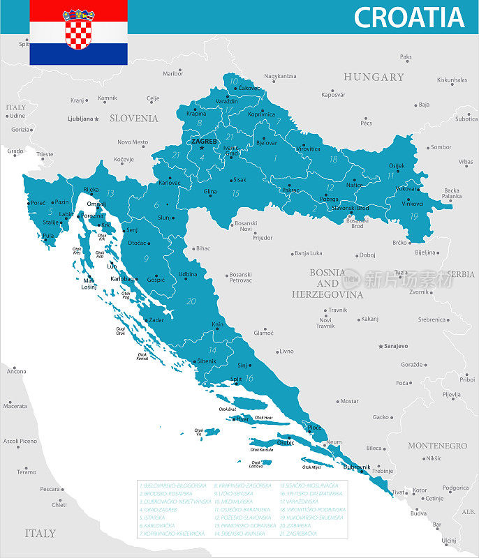 克罗地亚地图-矢量插图