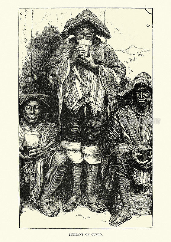 19世纪维多利亚时期，秘鲁库斯科的当地人喝着Chicha