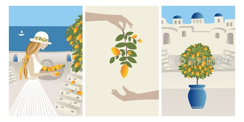 向量设定暑假的主题和灵感。美丽的女孩从树上收集柠檬放进篮子里。位于西班牙、希腊和意大利圣托里尼岛的村落。旅行矢量插图和设计