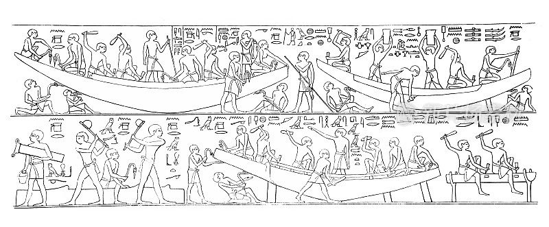 古埃及的造船。古门菲，塞加拉墓地，蒂的马斯塔巴，古王国，第五王朝，公元前2400年