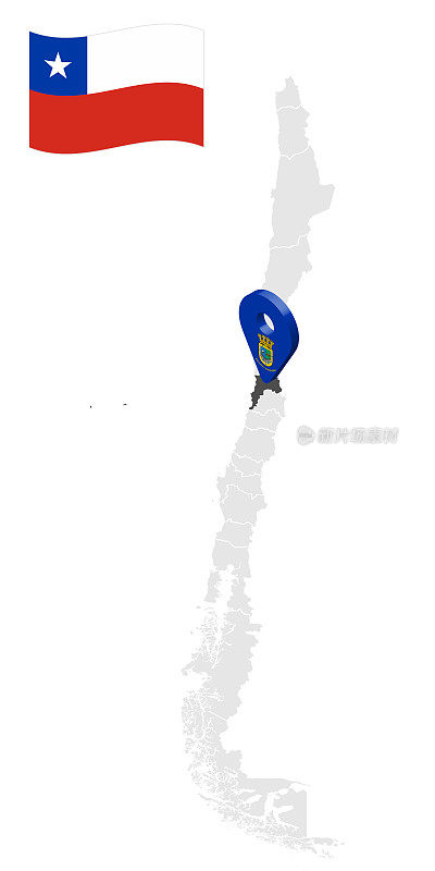 智利地图上瓦尔帕莱索地区的位置。类似瓦尔帕莱索旗帜的3d位置标志。质量地图与智利的省为您的设计。EPS10