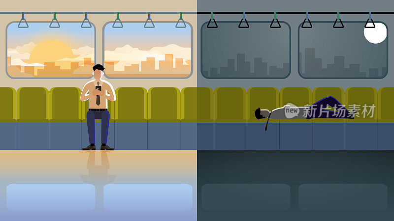 上班族早上乘公共交通工具去上班。下班后，辛苦工作了一整天，他躺在座位上，在回家的火车上睡着了，疲惫不堪，无精打采。