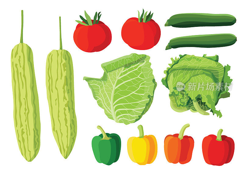 将新鲜蔬菜与甜椒，苦瓜，番茄，黄瓜，白菜，生菜混合，放在白色背景上