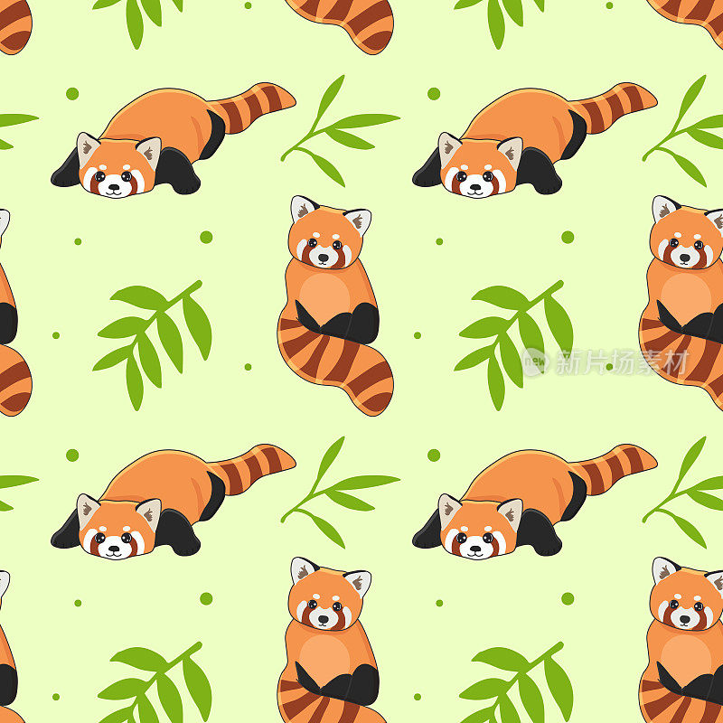 可爱的小熊猫和竹子的无缝图案。卡通设计动物角色平面矢量风格。用于织物，包装，纺织品，墙纸，服装的纹理。