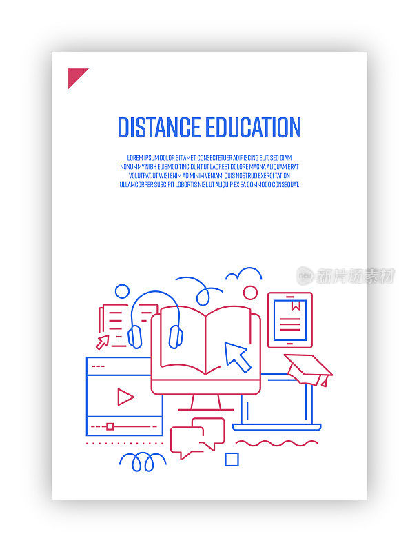 矢量插图远程教育概念。线条艺术风格的网页，横幅，海报，印刷等背景设计。矢量插图。