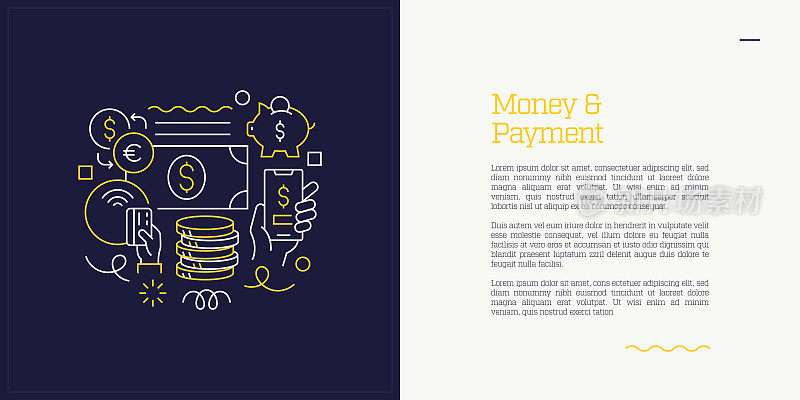 矢量集插图货币和支付概念。线条艺术风格的网页，横幅，海报，印刷等背景设计。矢量插图。