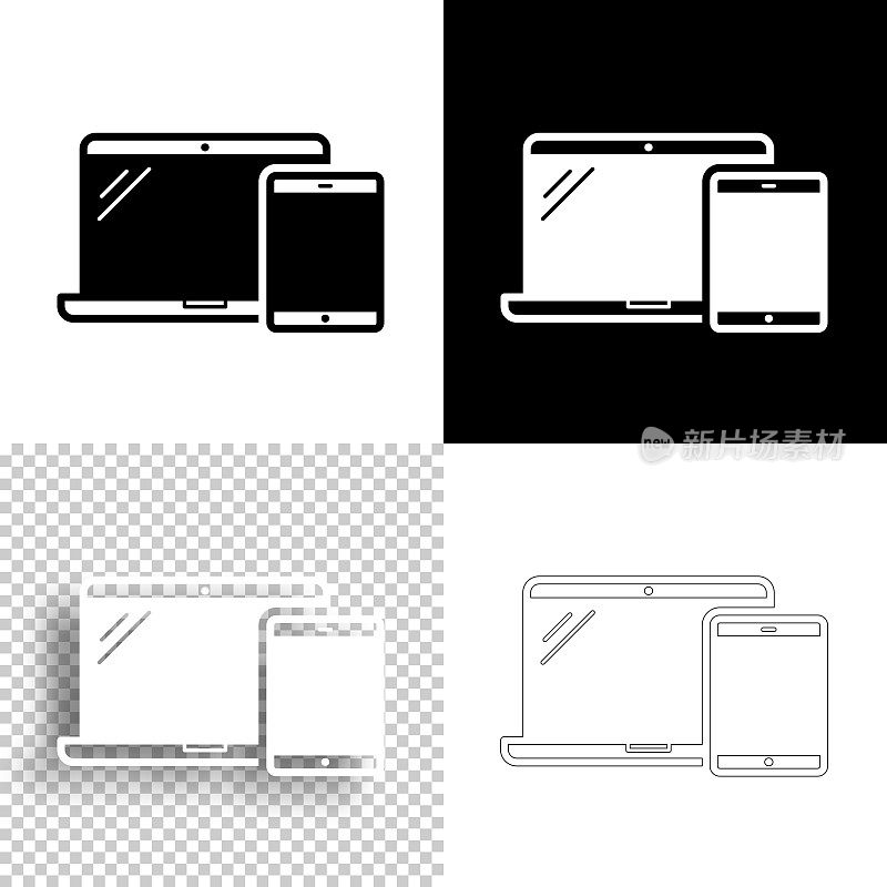 笔记本电脑和平板电脑。图标设计。空白，白色和黑色背景-线图标