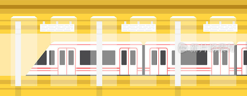 地铁，地下站台配有现代化列车。地铁火车。矢量插图。