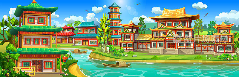 这是一座坐落在山河岸边的亚洲村落，村落里有许多国家的房屋。