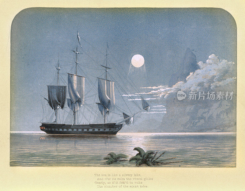 在银色的月光下平静的帆船，大海，海景，维多利亚时代的艺术，19世纪