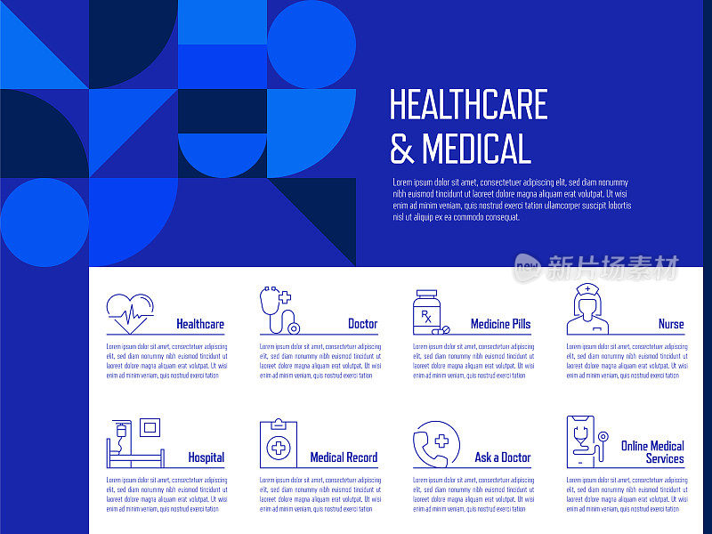 医疗保健和医疗概念矢量线信息图形设计图标。8选项或步骤的介绍，横幅，工作流程布局，流程图等。