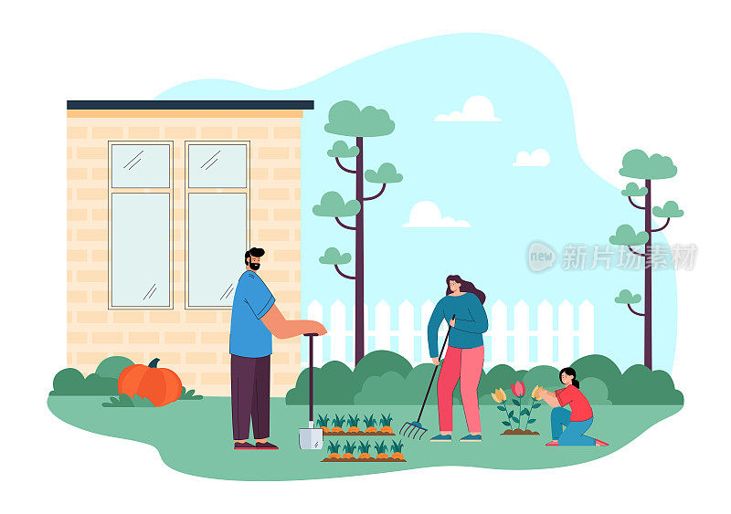 家庭照顾植物在花园平面矢量插图