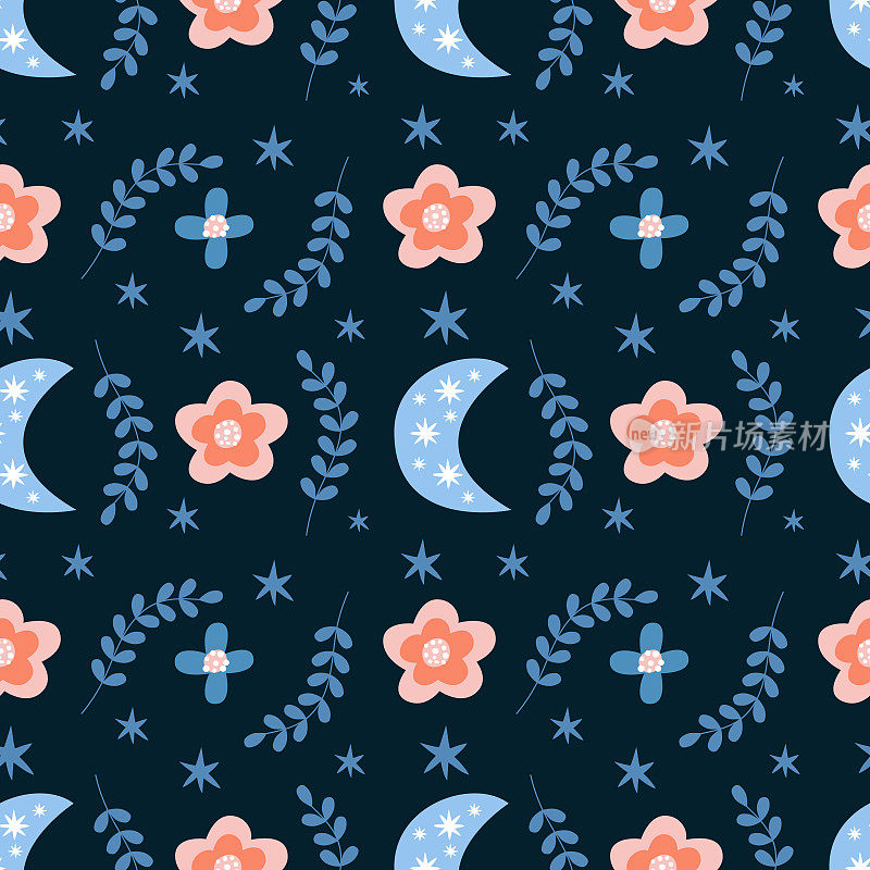 无缝模式与月亮和花朵在蓝色背景