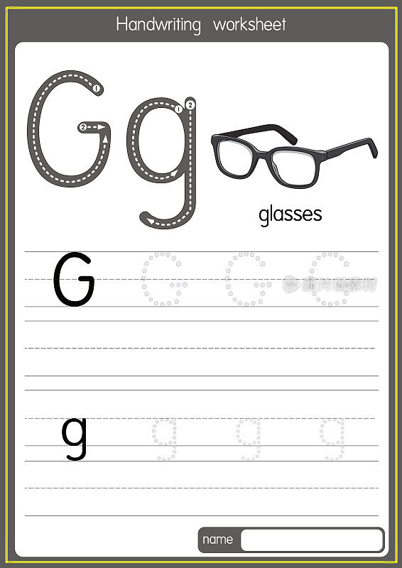 向量插图眼镜与字母G大写字母或大写字母的儿童学习练习ABC
