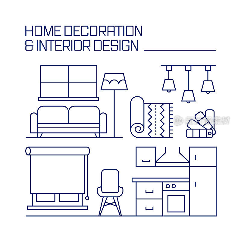 家居装饰与室内设计相关设计元素。使用大纲图标的模式设计。