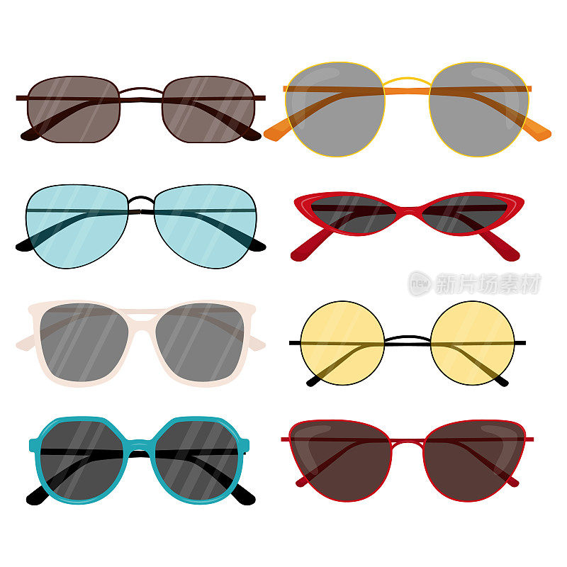 彩色时尚太阳镜与太阳镜片。收集女性太阳镜