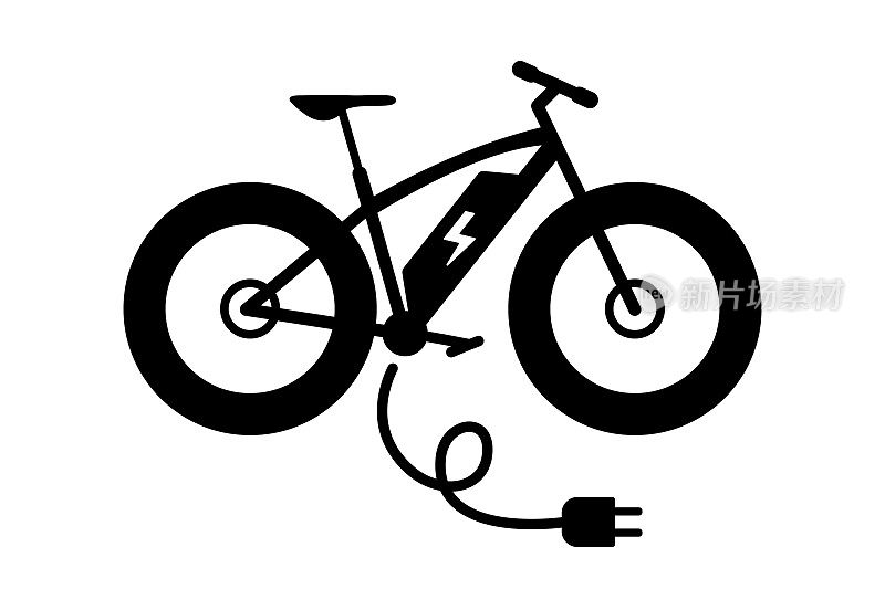 电动胖自行车图标。带充电器的电动自行车。