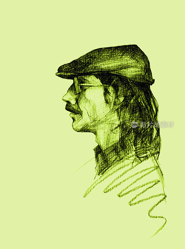 插图铅笔画肖像的年轻人与长头发胡子和胡子的绿色背景