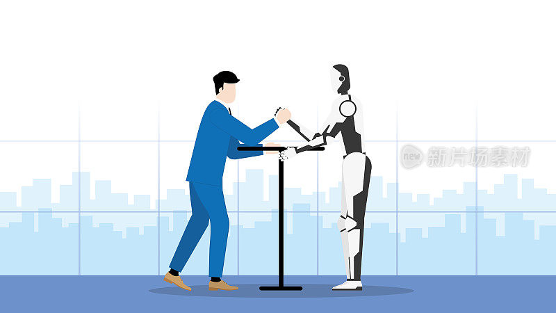 商业竞争与网络技术对抗的概念。一个商人和一个机器人在办公室里进行扳手腕。人类与机器人在工作日竞争的冲突。
