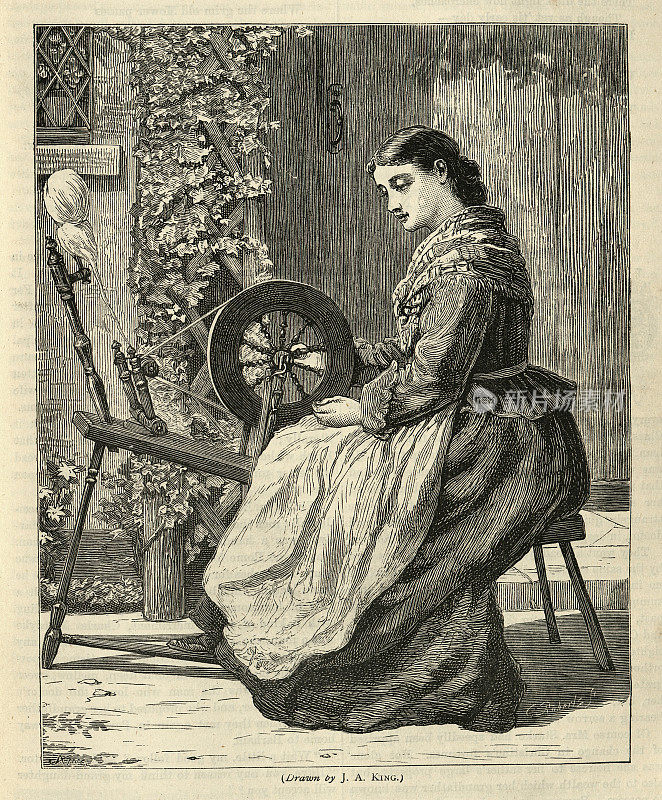 用纺车纺羊毛的年轻女子，维多利亚时代，1870年代，19世纪家庭生活