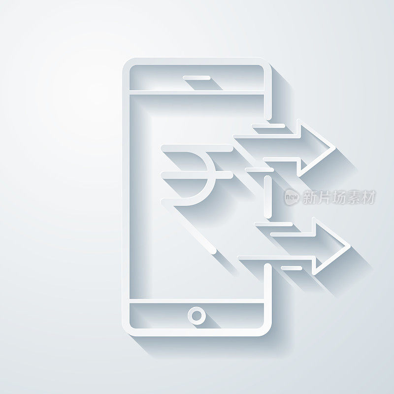 用智能手机发送印度卢比。空白背景上剪纸效果的图标