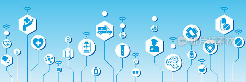 平面风格的远程医疗、保健和急救概念。医学图标设置在彩色背景六边形。为web应用程序，演示文稿，打印的创意医学插图。