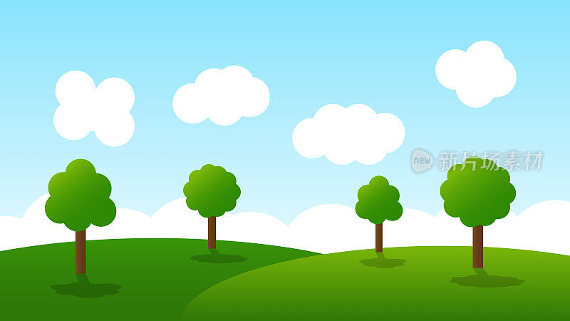 景观动画的场景。青山绿树，碧水碧水，夏日蓝天白云