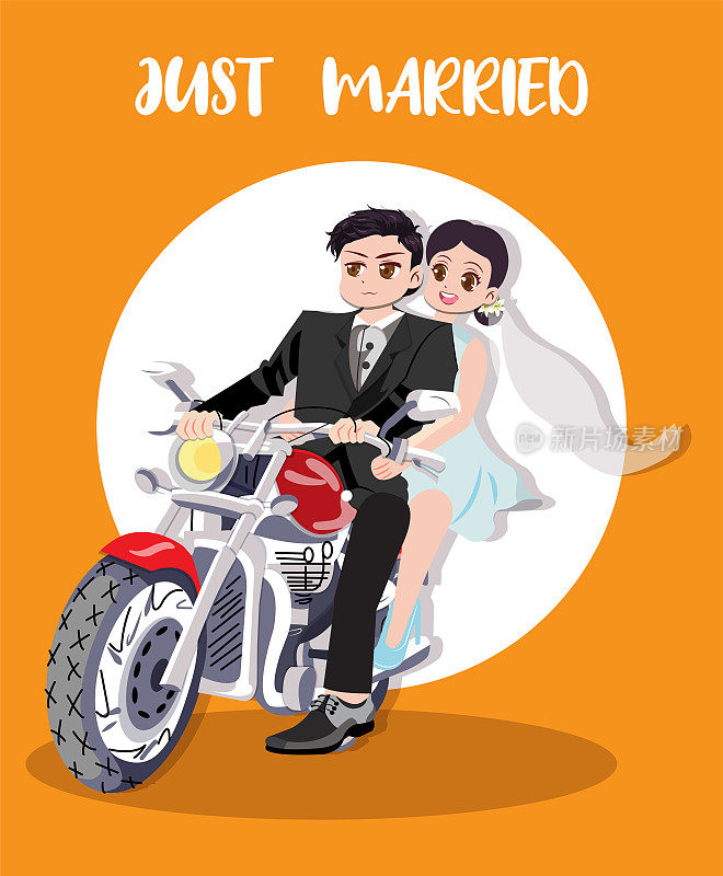 刚刚结婚的一对夫妇在摩托车的赤色人物矢量插图