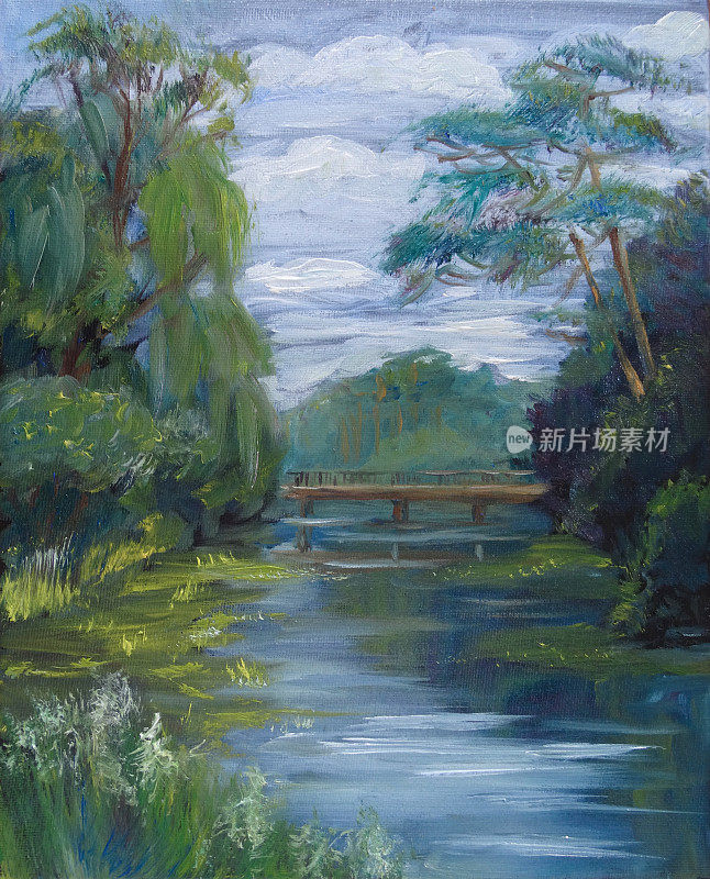 夏季森林景观配一湖一桥，油画。