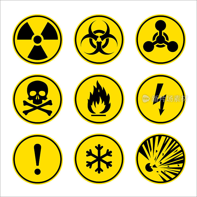 警告标志。危险的图标。辐射信号。生物危害的迹象。有毒的标志。核的象征。易燃的象征。注意标志
