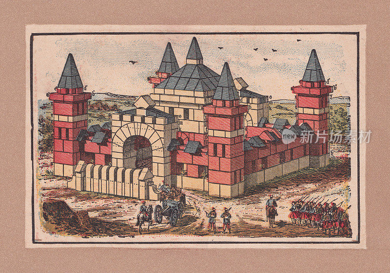 旧兵营，用积木建造，石印，1895年左右出版