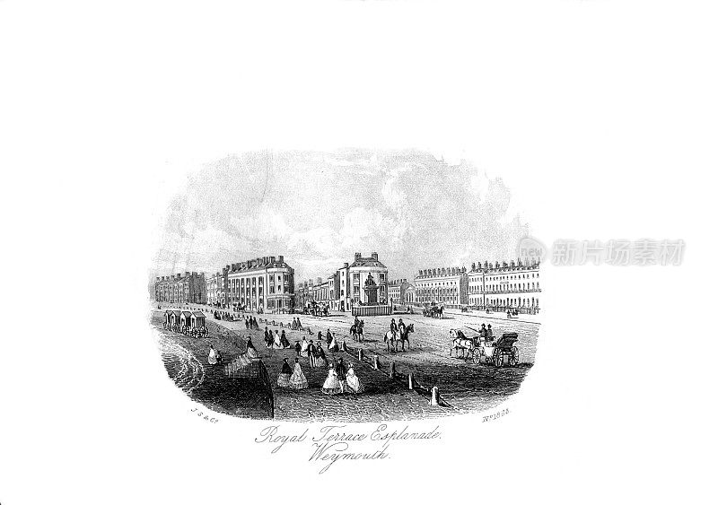 1860年韦茅斯、梅尔库姆里吉斯及周边地区的黑白景观;皇家阶地。乔治三世国王雕像