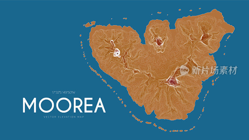 太平洋法属波利尼西亚，社会群岛，莫雷阿的地形图。海岛矢量详细高程图。地理优美的山水轮廓海报。
