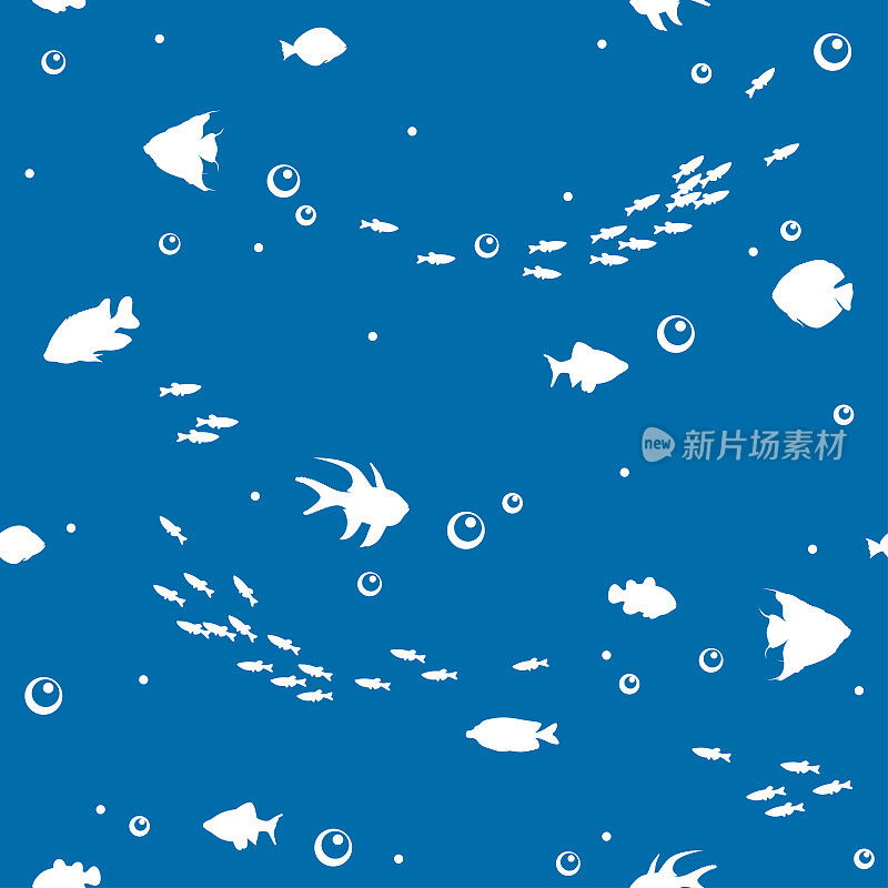 无缝图案与白色鱼孤立在蓝色的背景。水下生命的插图。