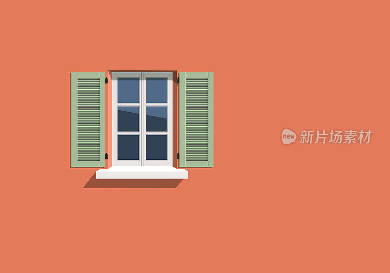 橙色房子的立面，有窗户和绿色百叶窗。