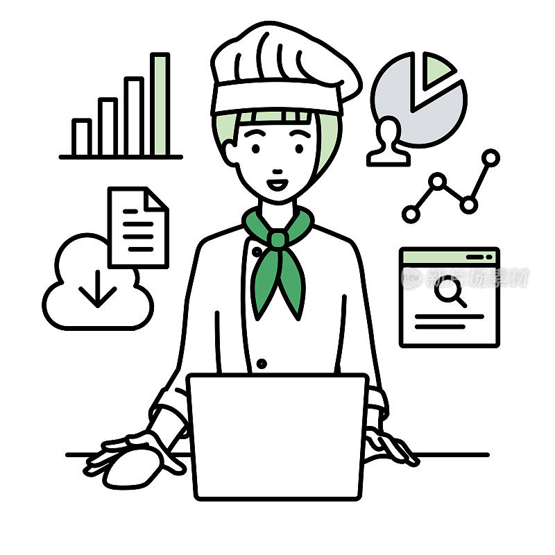 一名女厨师在她的办公桌上使用笔记本电脑浏览网站、研究、共享云文件、分析和做报告
