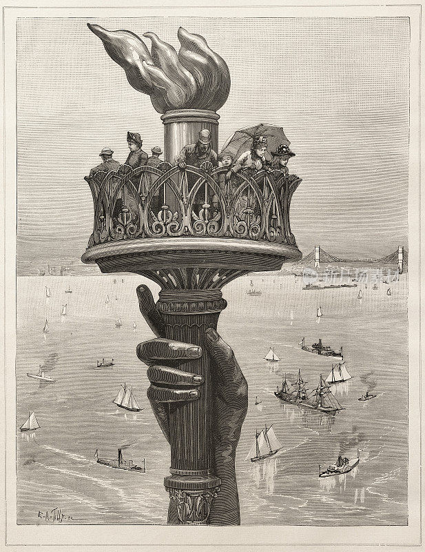 纽约自由女神像的游客在1888年的火焰中