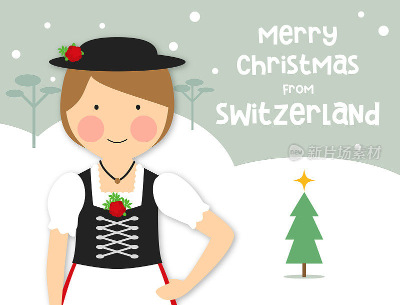 圣诞贺卡传统服装女孩瑞士