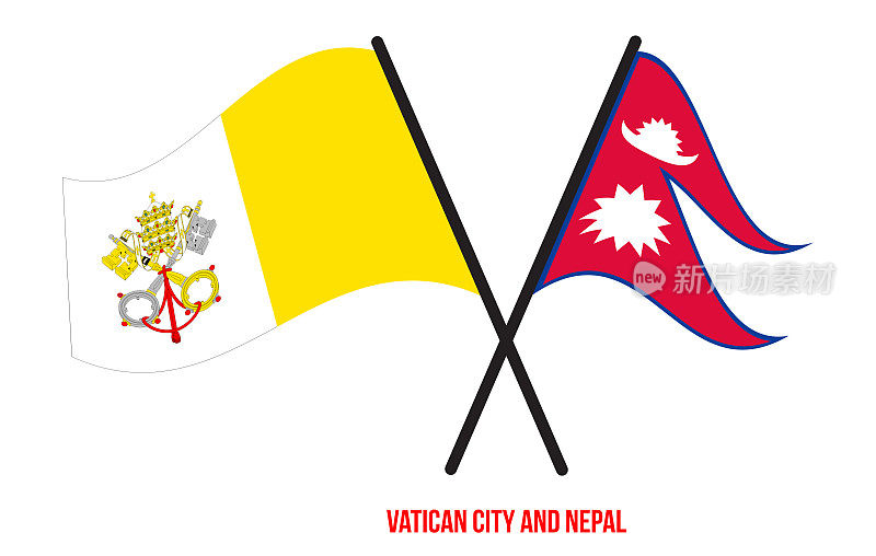 梵蒂冈城和尼泊尔的旗帜交叉和挥动扁平风格。官方的比例。正确的颜色。