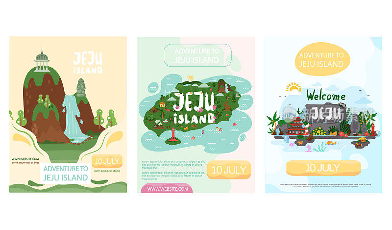 一套关于济州岛冒险插画概念海报。旅游网站布局