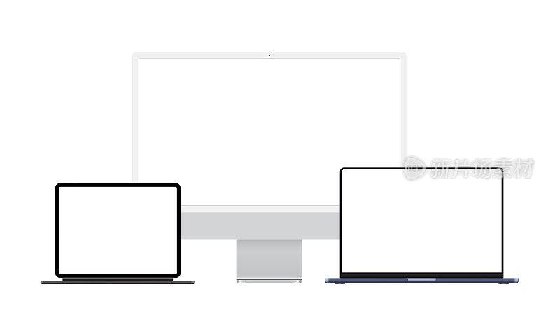 银色电脑显示器，深蓝色笔记本电脑和平板电脑与键盘架