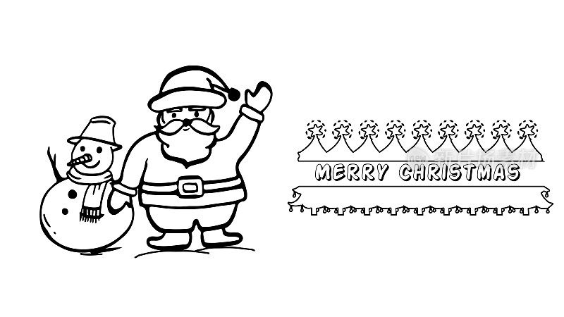 圣诞老人和雪人手挥手手画圣诞矢量插画，圣诞快乐