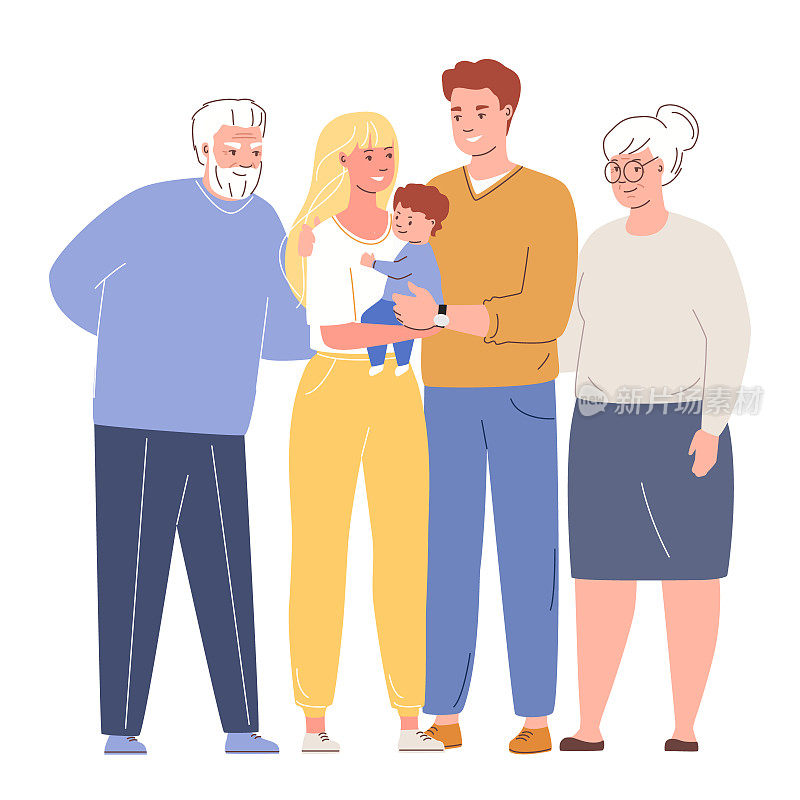 合家欢乐。祖父母和年轻的父母的全家福。矢量插图孤立在白色背景上